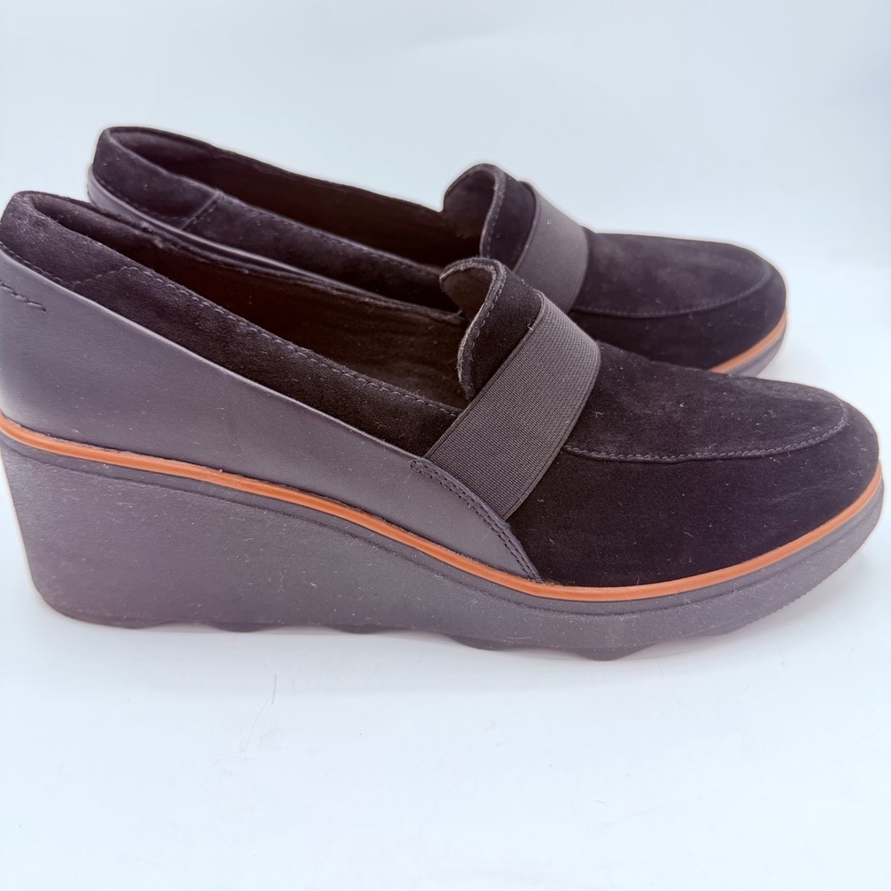 Clarks Black Suede Wedge Loafers with Tan Accent - Picture 2 of 7